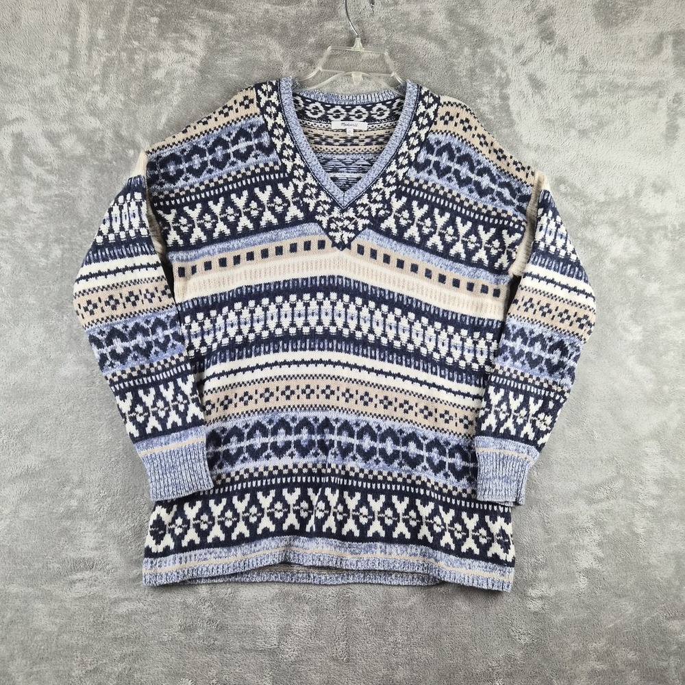 Madewell Forrest Fair Isle Sweater Womens Medium Blue Nordic Wool Blend V Neck